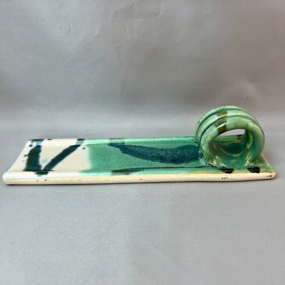 Handmade Studio Pottery Incense Burner Green Teal Drip Glaze Rectangular Tray